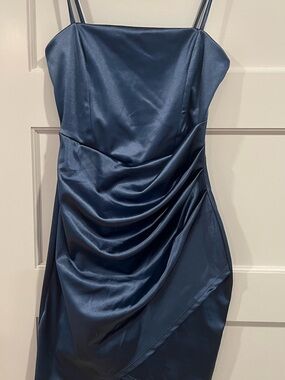 Satin Navy Blue Windsor Spaghetti Strap Draped Dress